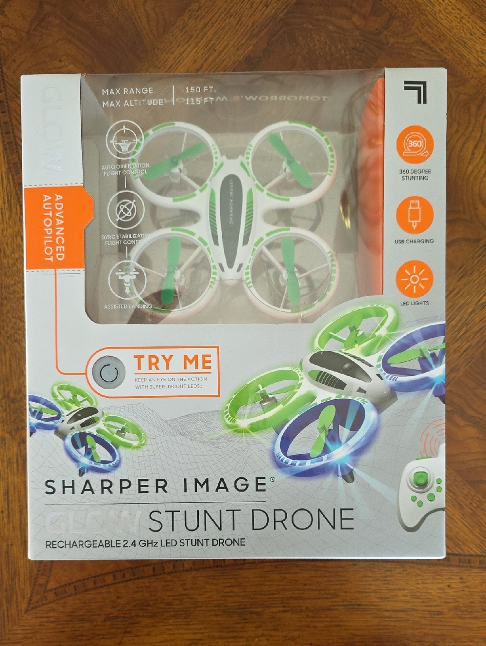 Sharper Image Glow Stunt drone, rechargeable 2.4 GHZ LED stunt drone - NEW